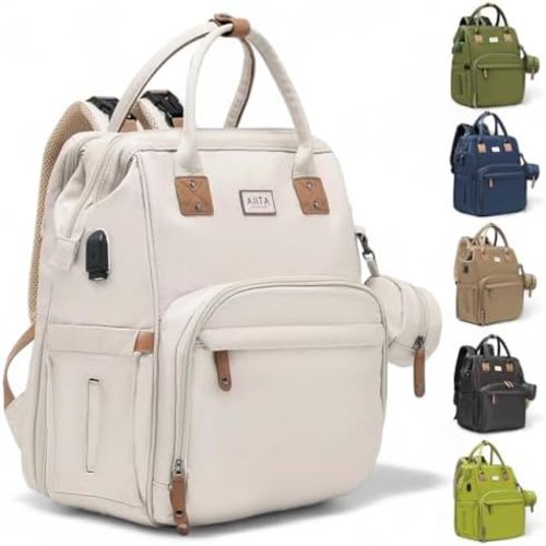 Diaper Bag Backpack, Multifunction Diaper Bag with Changing Station, Stylish Baby Bags, Large Unisex Diaper Backpack for Mom and Dad, Baby Registry Search, Portable Changing Pad – White Beige