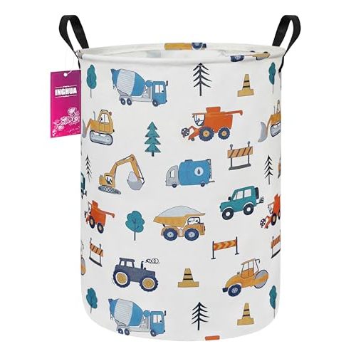 INGHUA Laundry Hamper Large Canvas Fabric Lightweight Storage Basket/Toy Organizer/Dirty Clothes Collapsible Waterproof for College Dorms, Boys and Girls Bedroom,Bathroom(Vehicles)