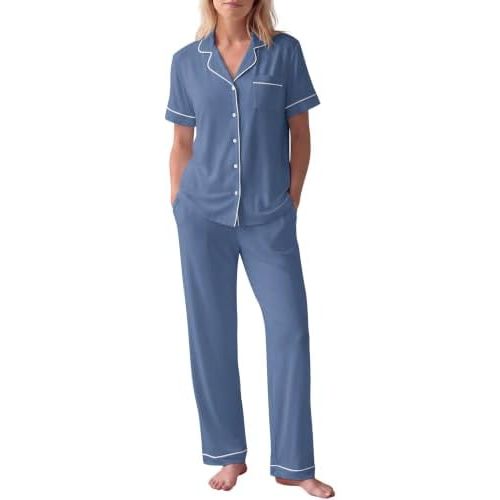 HNG Women Pajamas Set 2 Piece Button Up Pajamas Pant and Short Sleeve Shirt for Woman Pj Sets with Pocket