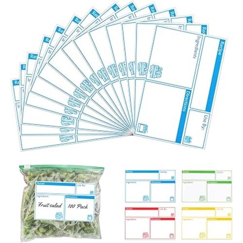 100pcs Labels for Freezer Bags Freezer Meal Labels with Instructions 3.2 X 5 inch Oil and Water Resistant Labels Food Labels for Freezer Storage for Leftovers in Fridge Removable Freezer (Blue)