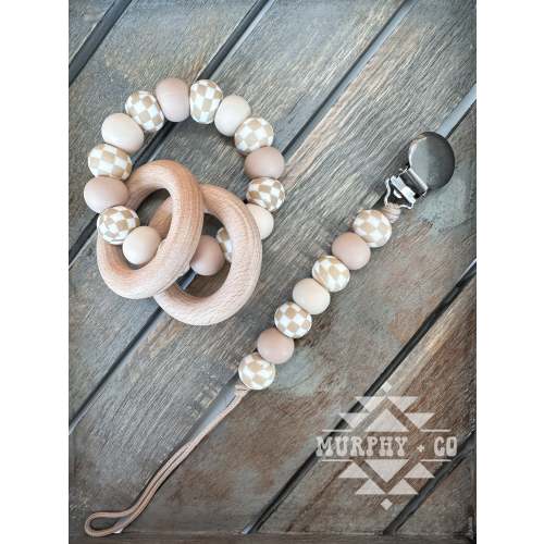 TAN CHECKER TEETHING SET [PICK YOUR SOLID COLORS]