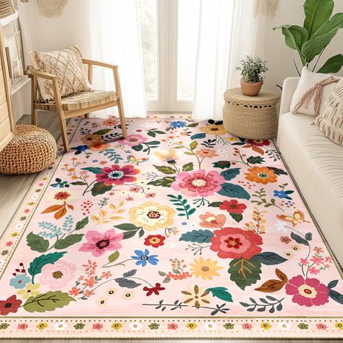 RELEANY Floral 5x7 Area Rug Machine Washable Soft Print Boho Carpet Non Slip Doormat Low Pile Flower Area Rugs for Living Room Bedroom Nursery Kitchen Dining Room Indoor-Pink