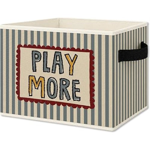 Kids Playroom Foldable Storage Bins Box with Handles, Play More Retro Blue Striped Play Room Collapsible Organizer Basket for Kids Room Playroom Bedroom Bathroom Clothes Books