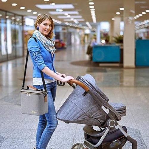 Breastmilk Cooler Bag with Ice Pack Fits 6 Baby Bottles Up to 9 Ounce, Baby Bottle Bag with Shoulder Strap for Nursing Mom Daycare, Grey