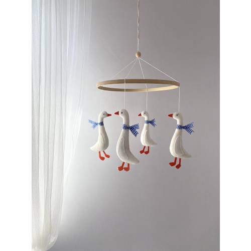 Duck Nursery - Baby Mobile Goose Blue Ribbon - Baby Mobile Boys - Crib Mobile - Goose Baby Shower - Felt Goose
