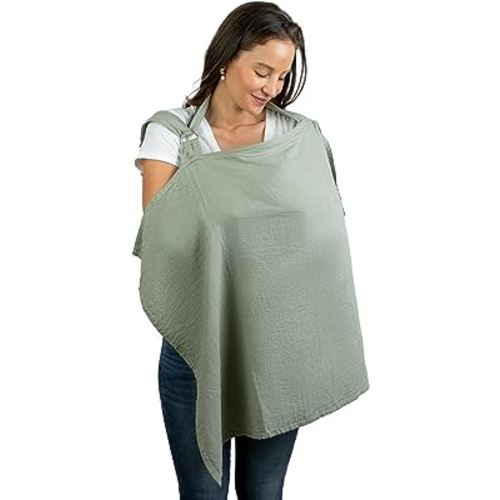 Muslin Nursing Cover for Baby Breastfeeding, Soft & Breathable Cotton Breastfeeding Cover for Mom with Rigid Hoop for Mother Nursing Apron by Comfy Cubs (Sage)