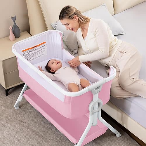 Larex Baby Bassinet, Baby Bassinet Bedside Sleeper with Storage Basket and Wheels, Height Adjustable Portable Crib for Newborn Infant, Easy Assemble and Folding(Pink)
