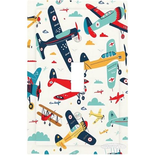 Cartoon Colorful Airplane Aircraft Light Switch Cover Plate 1 Gang Single Toggle Outlet Covers Wall Plates Decorative Switchplate Faceplate for Bedroom Bathroom