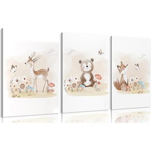 MIZILI Woodland Animal Nursery Canvas Wall Art Wild Watercolor Animals Paintings Pictures Wall Decor Fox Bear Deer Poster Printing Artwork for Boys Room Girls Room Home Decoration