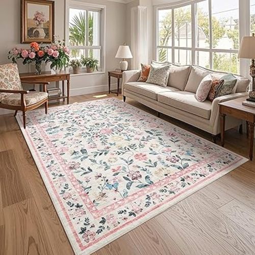 GarveeHome Washable Area Rug 8 x 10 Non-Slip Non-Shedding Soft Vintage Living Room Rug, Low Pile Farmhouse Floral Carpet, Non-Shedding Foldable Printed Rug for Home Office Kids Playroom, Pink