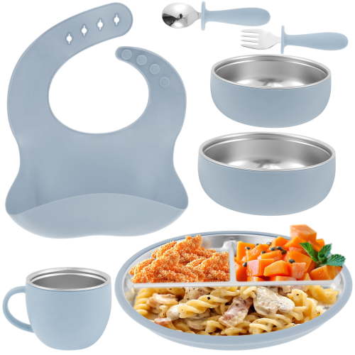 7Pcs Stainless Steel Baby Feeding Set With Suction Cup Easy to Clean Portable Toddler Feeding Supplies With Removable Silicone for Toddler