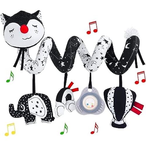 Car Seat Toys, High Contrast Black and White Toys for Infants 0-3 6 12 Months, Musical Black Fox Carseat Toys Stroller Toys for Babies Newborns