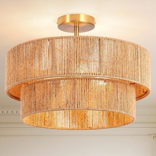18''Boho RattanCeiling Light，Handwoven Semi Flush Mount Fixture for Bedroom,Living Room, Kitchen, Hallway, Dining Room