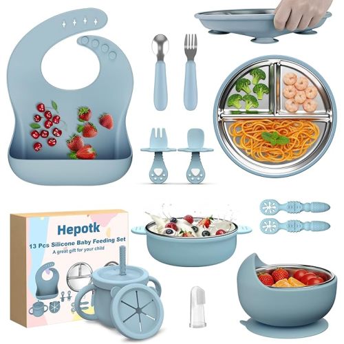 13 Pack Silicone Baby Feeding Set, BPA-Free Stainless Steel Toddler Feeding Supplies, Include Suction Plates, Baby Bowls, Silicone Fork & Spoon, and More, First Stage Baby Dish Set - 6+ Months