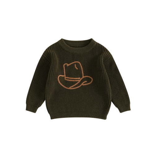 Baby Boy Girl Knit Sweater Cute Western Cowboy Hat Embroidery Crew Neck Pullover Tops for Toddler Winter Warm Clothes