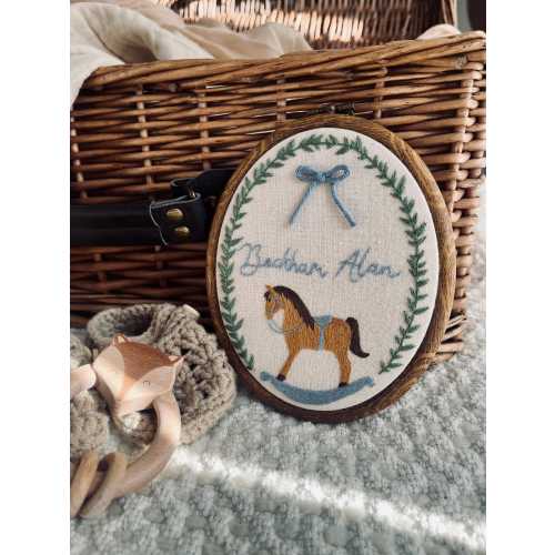 Custom Rocking Horse Embroidery Hoop – Personalized Name: “Michael Rhett” in Blue 6”