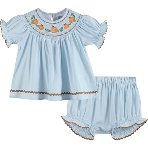 Lil cactus Blue Pumpkin Gingham Smocked Dress and Bloomers Set