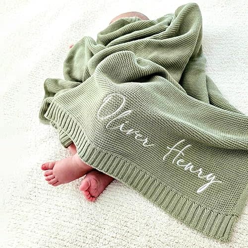 Personalized Baby Blanket - Custom Blanket with Name, Customized Handmade Chunky Knit Nursery Embroidered Baby Boy Girl Blankets Gifts (30x40in)