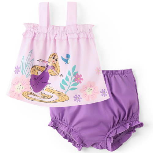 Disney Princess Baby Girls 2 Pcs Rapunzel Graphic Ruffle Tee with Bloomers Shorts 2 Pieces Outfits Sets Newborn to Infant
