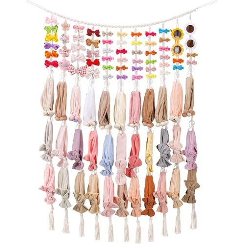 Headband Holder Hair Bows Organizer for Baby Girls, Macrame Bow Holder Hair Accessories Organizer, Wooden Beads Garland Bow Hanger Storage Wall Hanging Boho Decor for Baby Nursery Toddler Girls Room