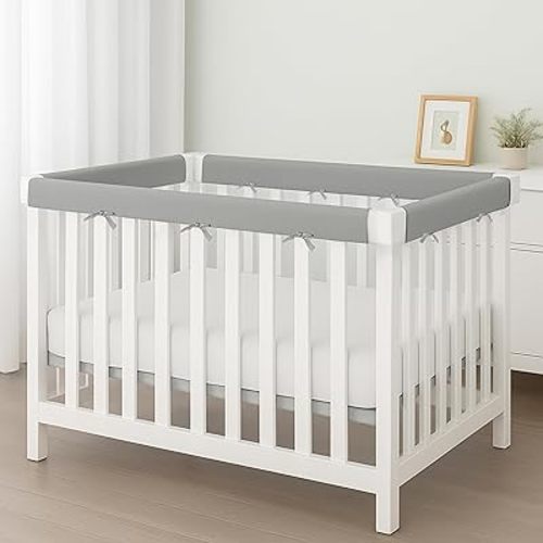 4 in 1 Crib Rail Covers for Teething,Soft Breathable 100% Cotton Cover,Crib Rail Guard, Anti-Collision Strip Corner Cover, Crib Teething Cover, Rail Edge Protector Strip, 4 Pcs, Grey