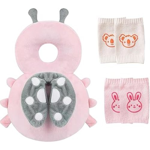 Baby Head Protector,Infant Fall Protection, Baby Head Protector Cushion Backpack with Baby Knee Pads Anti Slip Socks for Walking & Crawling (Pink Ladybug)