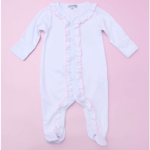 Essentials White Footie with Pink Trim Ruffle