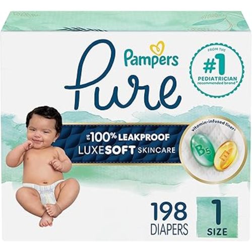 Pampers Pure Baby Diapers, Size 1 (8-14 lbs), 198, Up to 100% Leakproof, Premium Hypoallergenic Soft Diapers