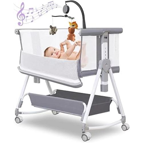 Baby Bassinet,3 in 1 Baby Bassinets Bedside Sleeper with Musical Toy,Bedside Cribs with Storage Basket and Wheels,7 Height Adjustable Easy Folding Bassinet,Safe Co-Sleeping Crib(Grey 0-6Months)