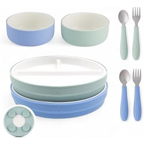 Elk and Friends Kids Porcelain Mealtime Bundle with Suction Sleeves | Plates, Bowls + Toddler Utensils | Silicone Sleeves | For Meals + Snacks | Microwave + Dishwasher Safe