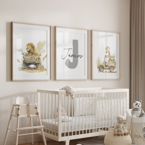 Custom Set of 3 Safari Animal in a Jeep Nursery Decor Wall Art Print Personalized Name Jungle Nursery Decor Lion Elephant Giraffe Child Kids