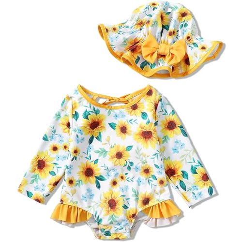 Baby Girls One Piece Swimsuit Long Sleeve Floral Bathing Suit+Hat 2Pcs