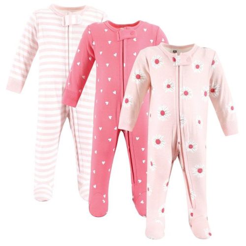 Hudson Baby Girls Cotton Sleep and Play, Pink Daisy Heart, 0-3 Months