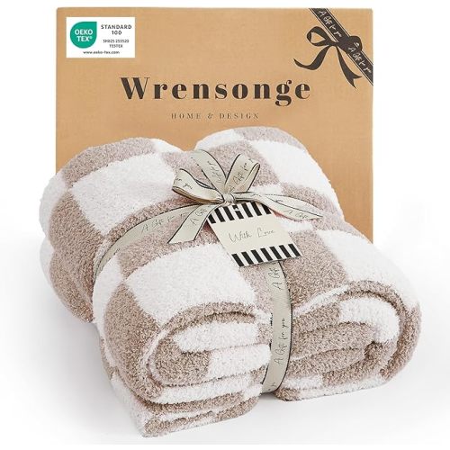 WRENSONGE Checkered Throw Blanket, Taupe Microfiber Soft Cozy Fluffy Warm Hand Made Throw Blankets for Couch, Sofa, Chair, Bed, Camping, Picnic, Travel Lightweight Bed Blanket - 50"*70"