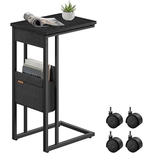 VASAGLE C-Shaped Side Table, End Table with Wheels, C Table for Couch, Sofa, with Storage Bag, Adjustable Feet, for Bedroom, Living Room, Ebony Black ULET357B56