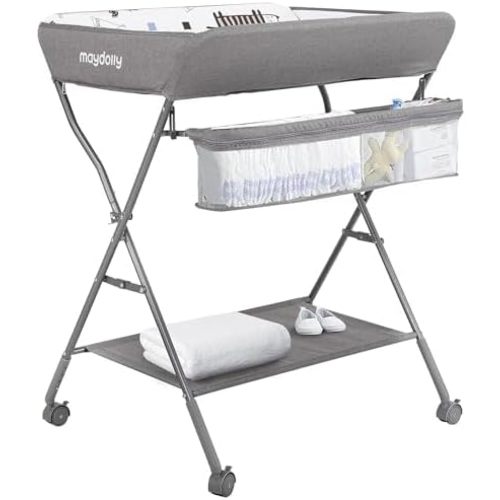 Maydolly Baby Changing Table with Wheels,Portable Adjustable Height Folding Diaper Station with Nursery Organizer & Storage Rack for Newborn Baby and Infant