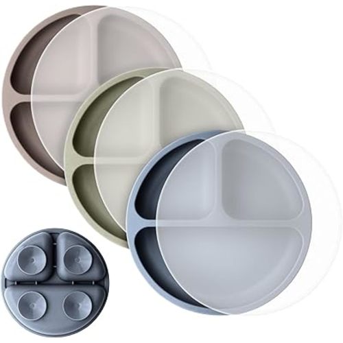 Cutebe 3 Pack Toddler Plates with Lids Baby Plates with Soft Material Silicone Suction Plates for Baby with Divided Design & Raised Edges Suction Plates for Feeding