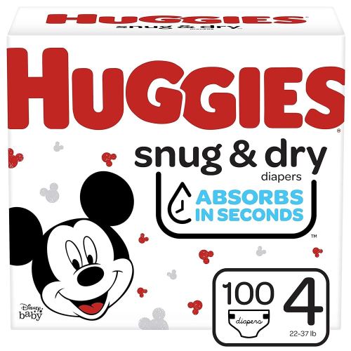 Huggies Snug & Dry Baby Diapers, Size 4, 100 Count, 22-37 lb (10-17 kg), Up to 12 Hrs Protection, Disney Mickey Mouse Designs