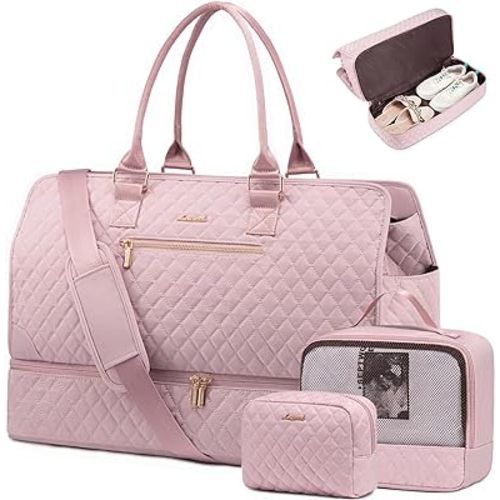 LOVEVOOK Weekender Travel Bags for Women,Large Carry on Duffle Bag with Shoe Compartment,Overnight Bag with Toiletry Bag,Hospital Bag for Labor Delivery,Gym Tote Bag 3 Pcs Set, Pink