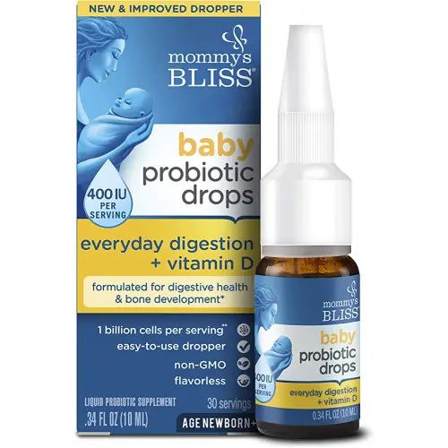 Mommy's Bliss Baby Probiotic Drops + Vitamin D, Supports Digestive Health and Immunity, 400IU Vitamin D for Healthy Bone Development, Newborns +, Flavorless, 0.34 Fl Oz (30 Servings)