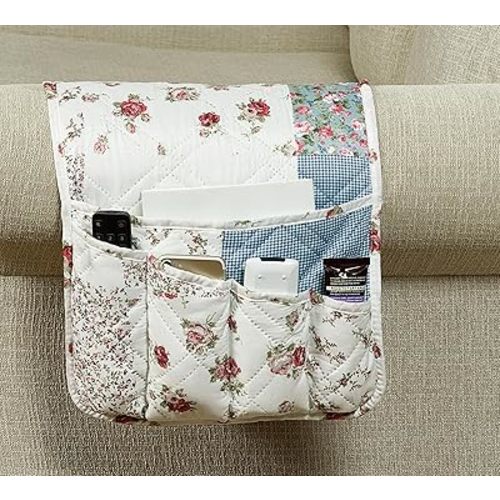 Brilliant Sunshine Pink Rose Patchwork Couch Armrest 5 Pockets Organizer, Slip Resistant Recliner Armchair Caddy, Washable Remote Controls Holder, Storage for Magazine, Tablet, Phone, iPad, Pink Blue