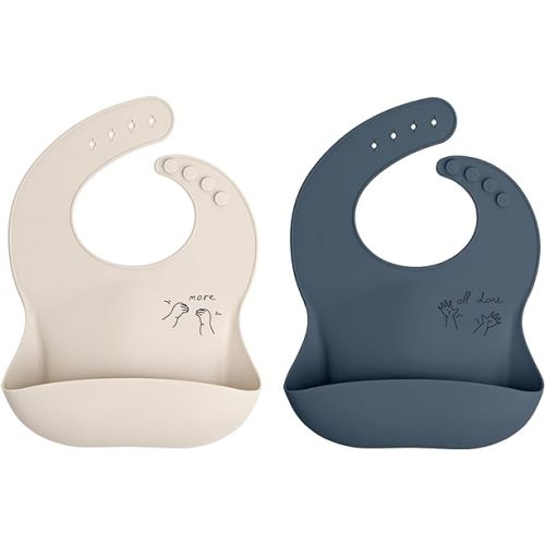 Baby Sign Language Silicone Bib Bundle, Cream-More + Blue Hour-All Done