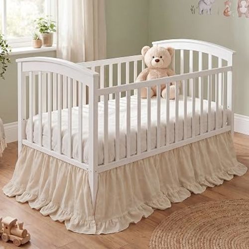 Hahafelt Beige Crib Skirt for Baby Girls Boys, 100% Washed Cotton Bed Skirt