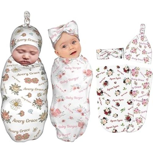 Personalized Baby Blankets with Name - Custom Newborn Infant Swaddle Blanket for Girls and Boys - Flowers