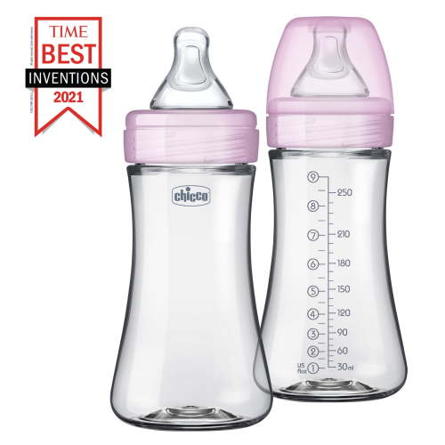 Chicco Duo Hybrid Baby Bottle, Invinci-Glass Inside/Plastic Outside, 9oz, 2-Pack - Pink, New