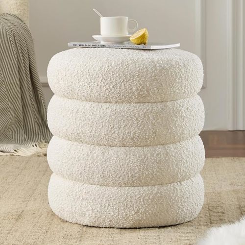 Krcix Round Ottoman with Storage Boucle Ottoman Stool with Storage Removable Lid for Living Room Modern Vanity Sorage Stool Foot Rest Bedroom Dorm Gift Set of 1 (White)