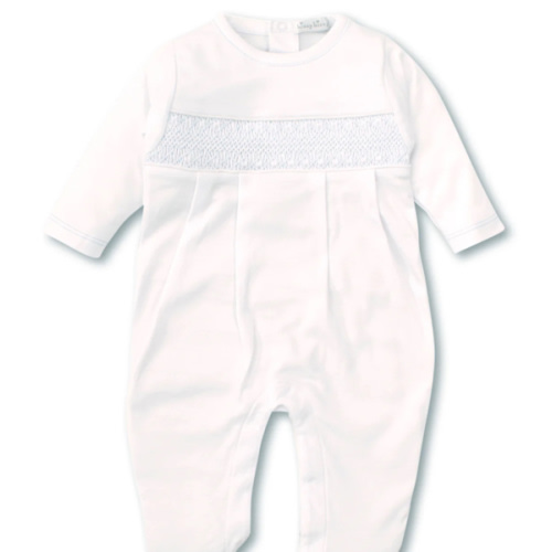 Hand Smocked CLB Charmed White/Blue Footie NB