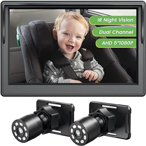 IPOZITO Baby Car Camera with 2 Camera, HD 1080P Dual-Channel 5 inch Display Car Baby Camera, Easily Install Car Camera for Baby with Crystal Clear Wide View for Rear Facing Seat