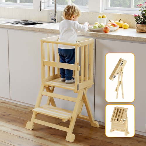 Joqixon Toddler Tower Foldable Helper for Kitchen: Toddler Step Stool Learning Standing Tower for Counter - Kitchen Stool Helper for Kids, 1-3 Years Old Boy Girl Gifts, Wood