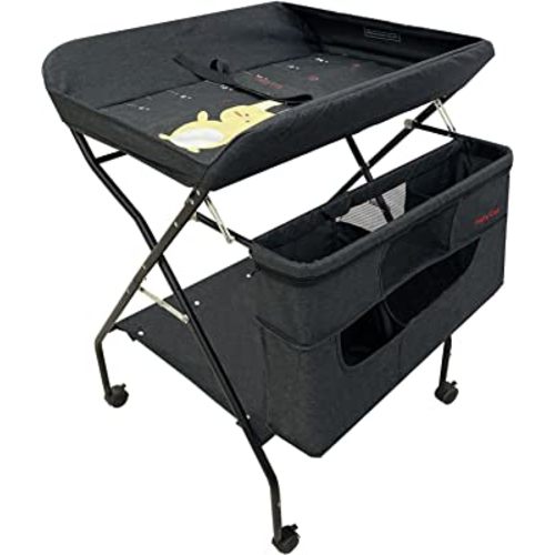 Baby Protable Changing Table with Wheels, Adjustable Height Folding Infant Diaper Station Mobile Nursery Stand with Newborn Lightweight Large Storage Rack - Black